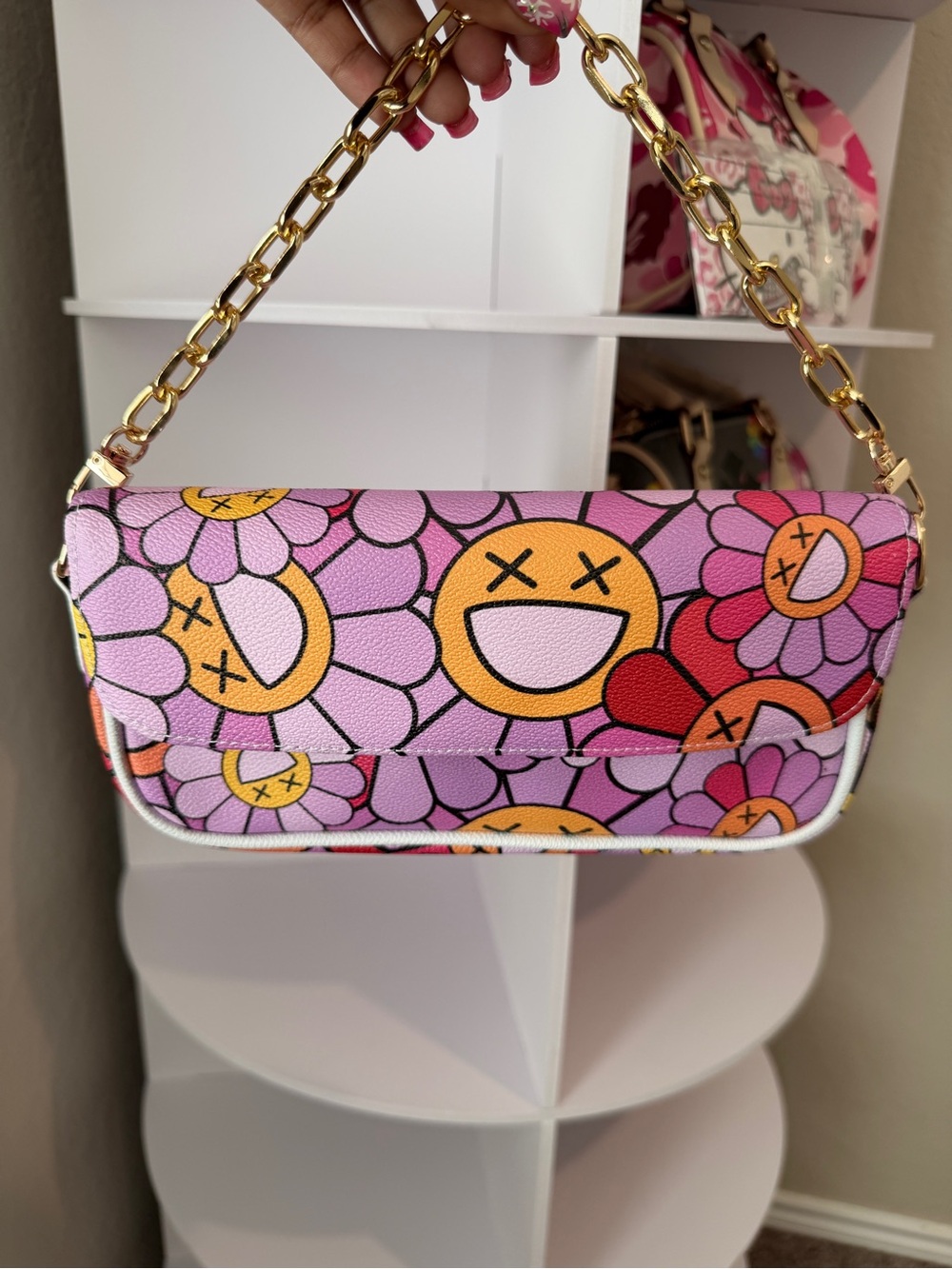 Pink Floral Emoji Chain-Handle Shoulder Bag